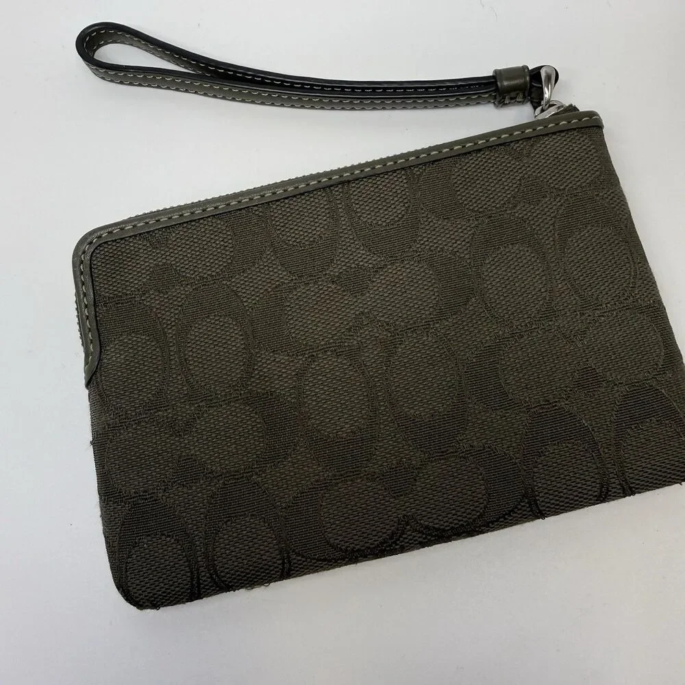 Coach Corner Zip Wristlet Charcoal Signature Jacquard Canvas Leather Strap Pouch